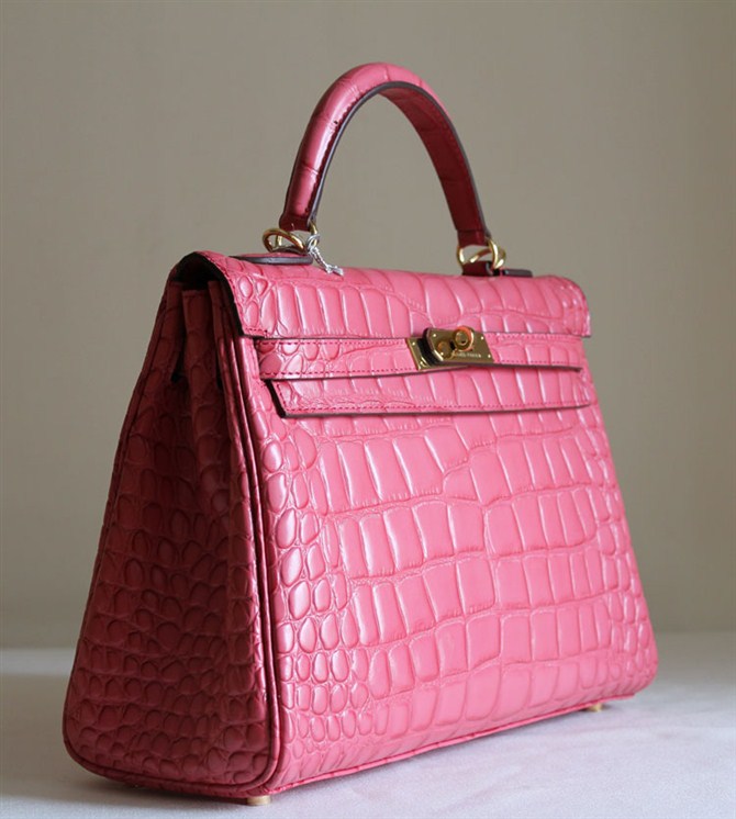 7A Replica Hermes Kelly 32cm Crocodile Veins Leather Bag Pink HC0001 (1)